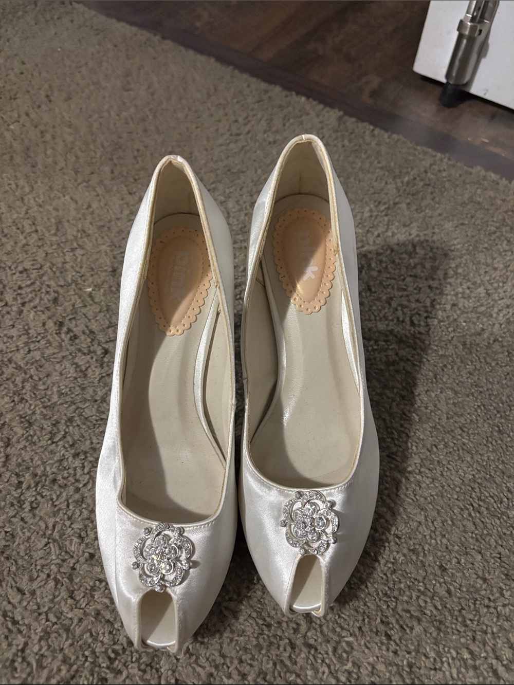 Women's Ivory Satin Peep-Toe Heels with Rhinestone Flower